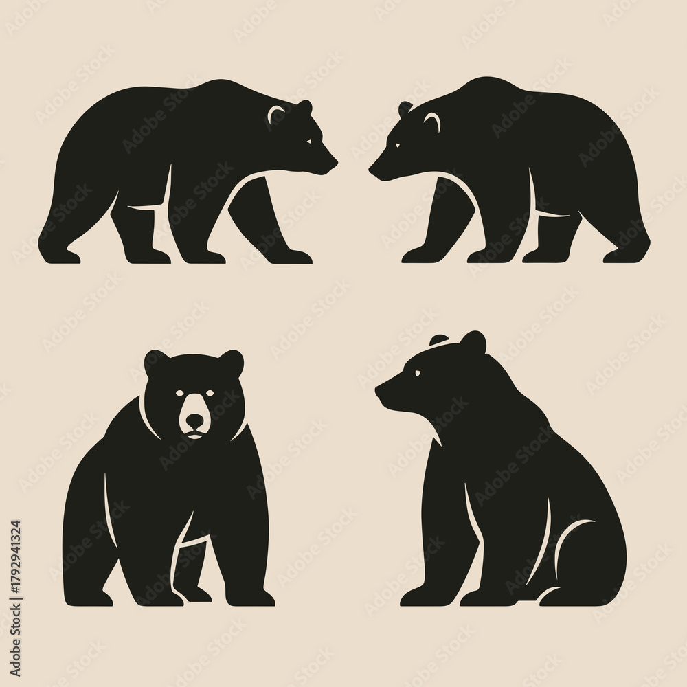 Fototapeta premium Stylized black bear illustrations in various poses on a light background for wildlife art