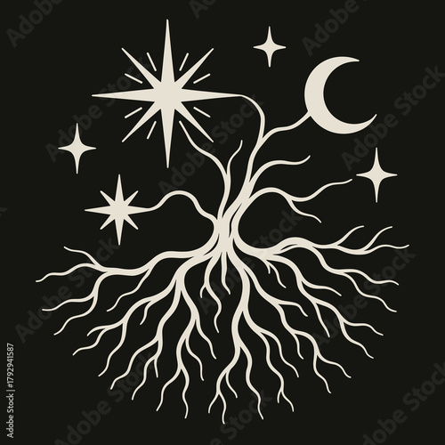 Mystical tree design with celestial elements like stars and moon on a black background for spiritual art