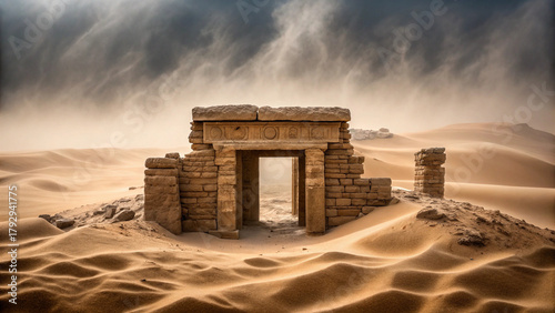 Fototapeta Naklejka Na Ścianę i Meble -  Ancient Stone Ruins in Desert Sands Under Hazy Sky architecture Background