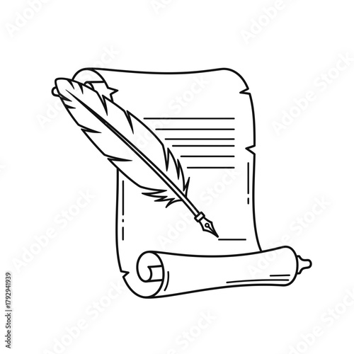 Feather Quill and Scroll Outline Vector Illustration