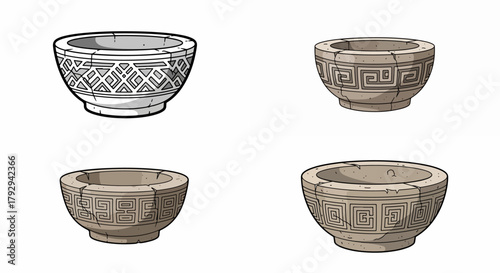Ancient pottery bowls with geometric patterns