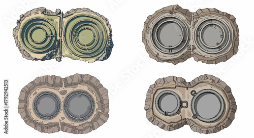 Circular structures with rocky terrain and detailed elements