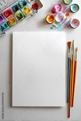 Composizione creativa di strumenti di pittura, come acquarelli colorati, pennelli e un foglio da disegno bianco e vuoto
