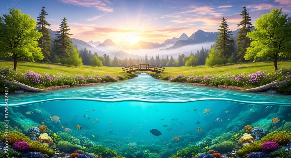 Fototapeta premium Serene river landscape with underwater life and sunset
