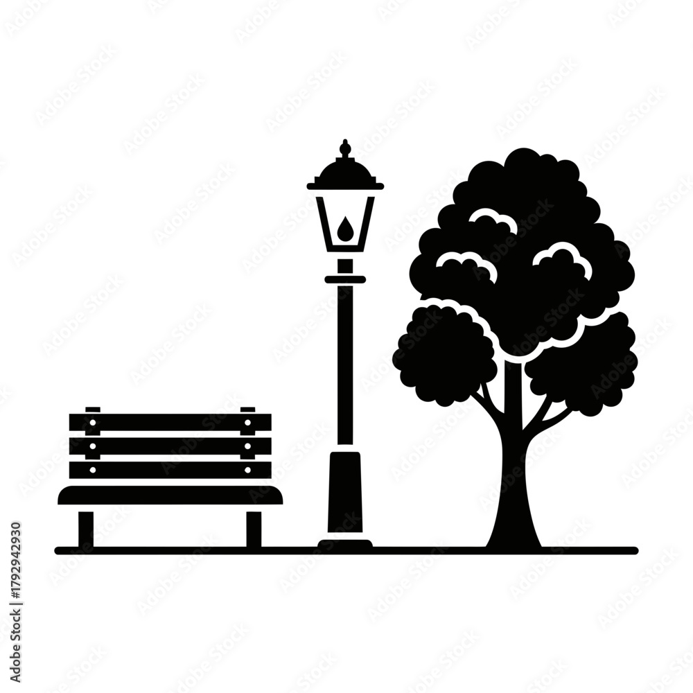 Fototapeta premium Park Bench with Tree and Lamp Post Silhouette Vector Illustration