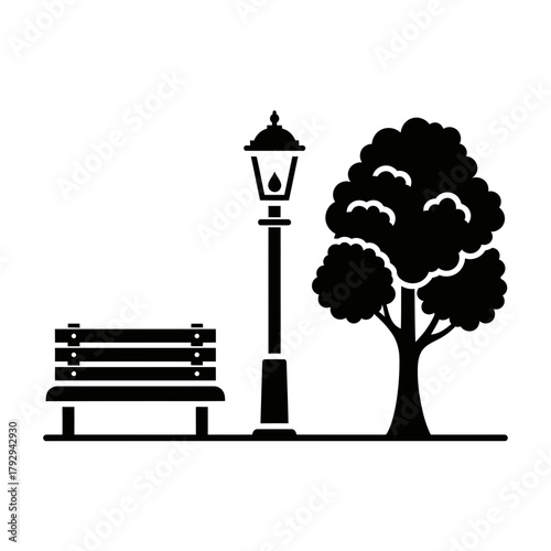 Park Bench with Tree and Lamp Post Silhouette Vector Illustration