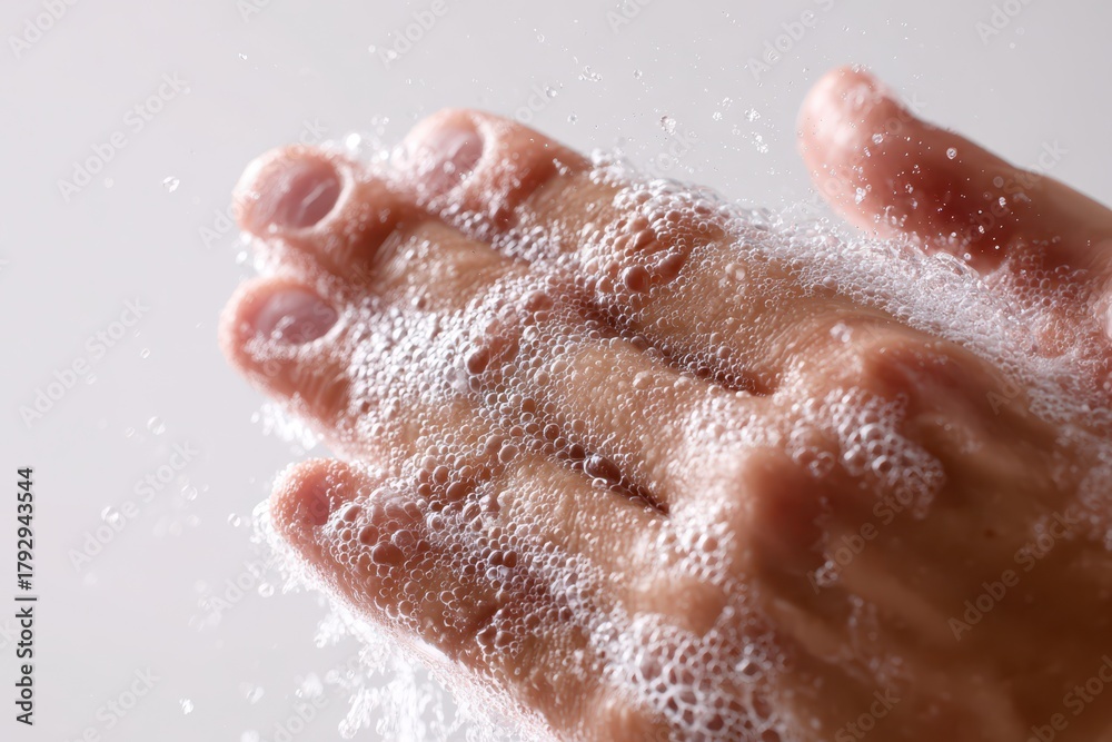 Fototapeta premium Close-up of an adult hand washing with soap bubbles on a pure white background