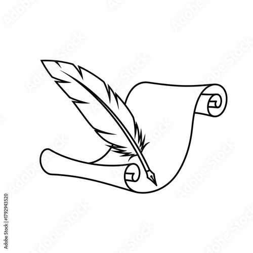 Feather Quill and Scroll Outline Vector Illustration