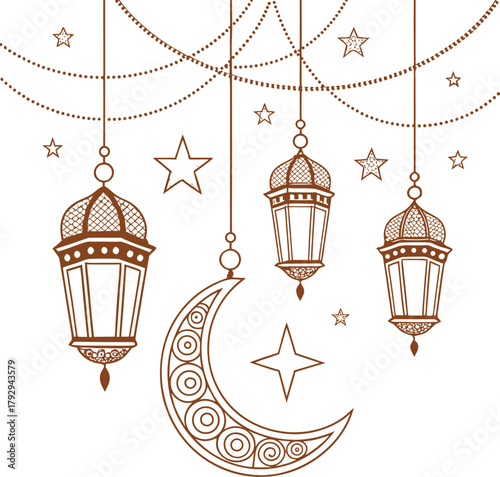Ramadan golden decoration. Hanging lanterns, crescents, stars. Islamic celebration border.