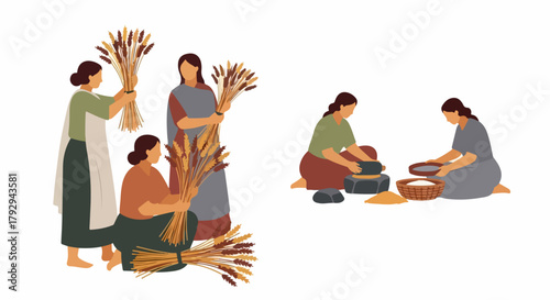 Harvesting wheat by women in traditional clothing