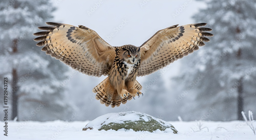 Obraz premium Powerful Hawk in Mid-Landing with Fully Extended Wings Over Snowy Terrain - A Dynamic Action Shot Capturing the Incredible Athletic Prowess and Hunting Precision of Nature's Apex Aerial Predator in Wi