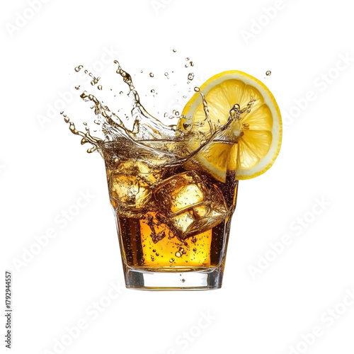 Whiskey drink with ice lemon and splash