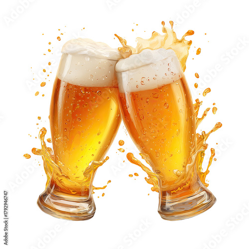 Two frothy beer glasses clinking, with splashes