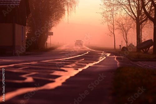 Nebelfahrt. Auto auf einsamer Straße fährt in nebeligen Sonnenaufgang