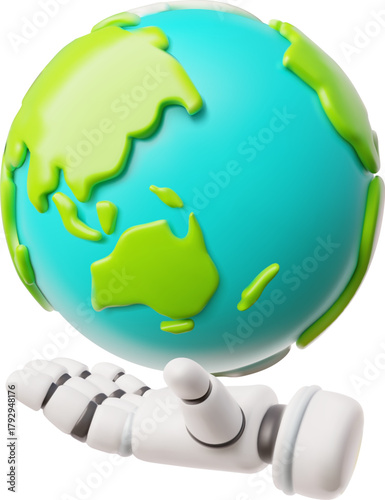 Robotic hand holds Planet Earth 3D vector, globe with continents and oceans, Artificial intelligence machine and world
