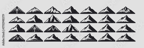 Mountains icon vector set featuring hiking, travel, and camping symbols, perfect for outdoor adventure illustrations, travel guides, nature signage, and recreation-themed graphic design projects.