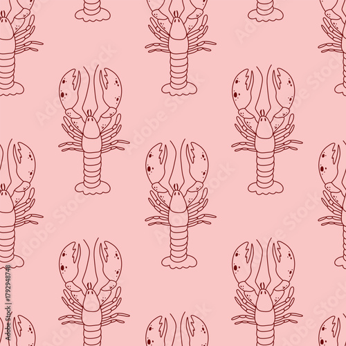 Seamless pattern with lobster. Doodle style, summer sea background. Seafood, Mediterranean. Vector 