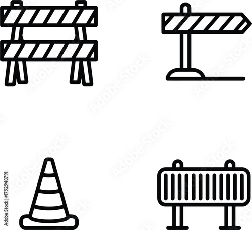 Vector Construction Barrier and Traffic Cone Icon Set, Roadwork Safety, Warning, and Outline Barricade Symbols