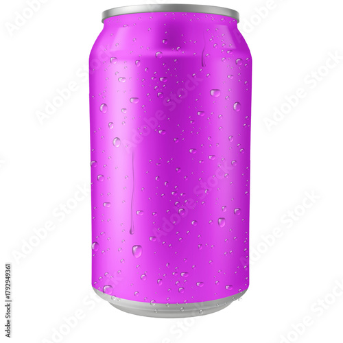 Aluminum drink can, vector realistic blank lilac wet metallic tin can drink beer, soda, water, juice package water drops
