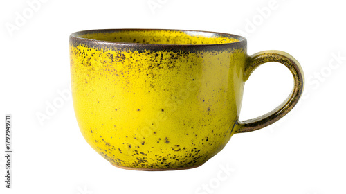 Yellow ceramic mug with rustic texture isolated on transparent background