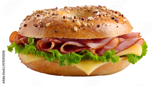 Delicious ham cheese lettuce bagel sandwich isolated on transparent background