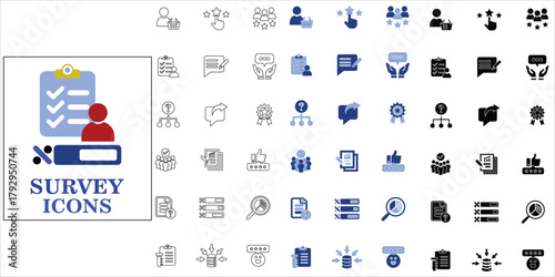 survey icons set. survey, sampling, opinion, polling, rating, audit, quality and more. simple complete vector