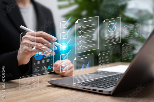 Business Performance Checklist document Concept, Businesswoman Checking Online Documents, Verifying Accuracy, Planning Business Strategies, Ensuring Product Quality Assurance, Building Customer Trust