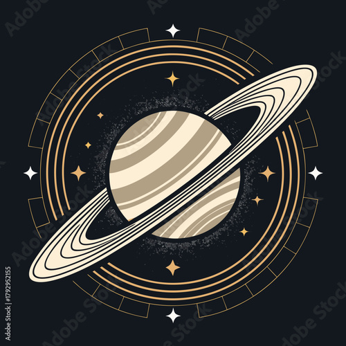 Depicting Geometric Ringed Planet Bold Futuristic Dynamic Creative Visual