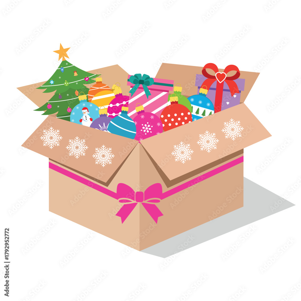Obraz premium Illustration of a cardboard box with Christmas toys and gifts with a pink bow on a white background.