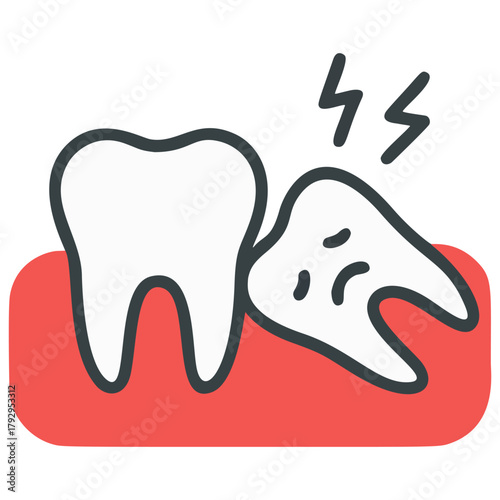 vector illustration of an impacted wisdom tooth pushing against another tooth, showing dental pain, discomfort, and oral health problems