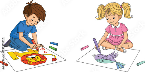 Two children drawing colorful animals with crayons on paper, sitting on floor in creative indoor setting with playful learning atmosphere.