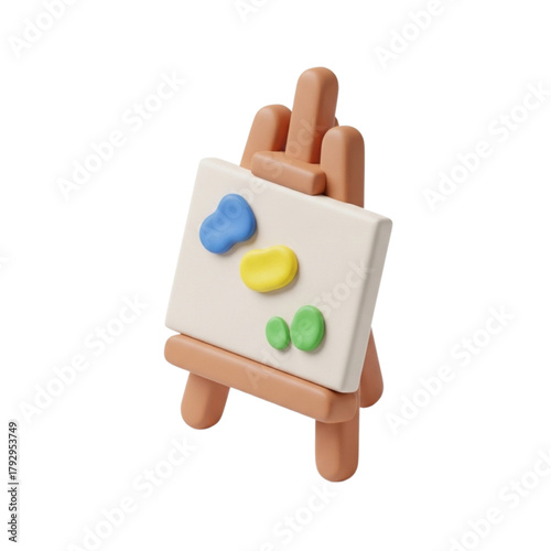 Minimalist 3D rendering of an artist's wooden easel holding a canvas with colorful paint splotches, a symbol of creativity, art class, and inspiration