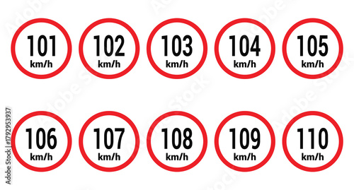 Speed limit sign 101, 102, 103, 104, 105, 106, 107, 108, 109 and 110 km h icon vector design illustration set