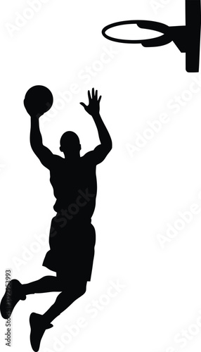 Silhouette of a basketball player jumping to dunk on a white background