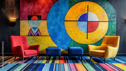 Vibrant lounge area featuring colorful armchairs and abstract wall art.