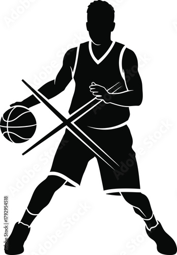 Silhouette of a basketball player dribbling with crossed arms