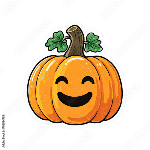 Happy Cartoon Pumpkin with Leaves