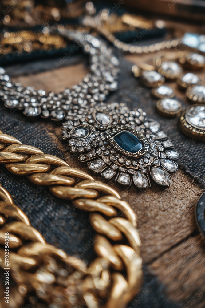 Obraz premium A stunning closeup of chunky jewelry and glamorous rhinestone accessories, perfect for showcasing bold fashion choices.
