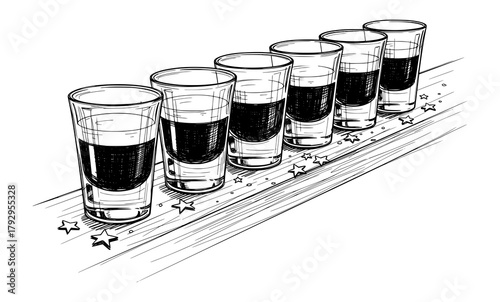 Hand-Drawn Sketch of Shot Glasses in Classic Style. Vector Illustration for Celebration Concept.