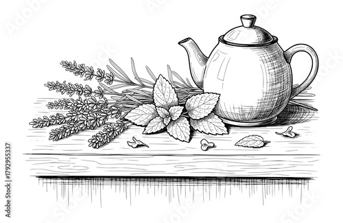 Hand-Drawn Teapot with Herbal Leaves on Wooden Table in Vintage Engraving Style. Vector Illustration for Wellness and Slow Living Concept.