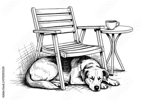 Dog Sleeping Under Chair in Hand-Drawn Sketch Style. Vector Illustration for Relaxation and Cozy Living.
