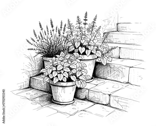 Hand-Drawn Sketch of Potted Herbs on Stone Steps. Rustic Garden Vector Illustration for Slow Living.