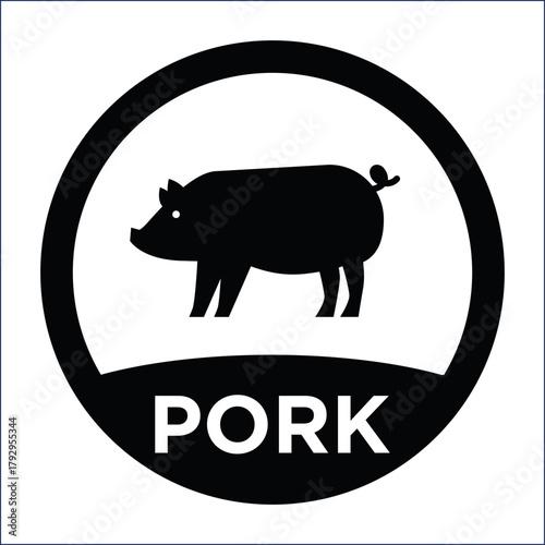 Black and white pork label with pig illustration inside a circular border