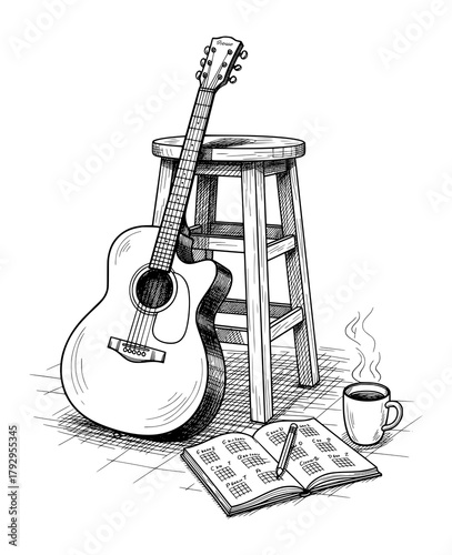 Hand-Drawn Acoustic Guitar, Stool, and Coffee in Vintage Engraving Style. Vector Illustration for Creative Relaxation.