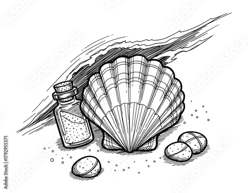 Vintage Seashell and Bottle Sketch in Pen and Ink. Coastal Tranquility Vector Illustration.