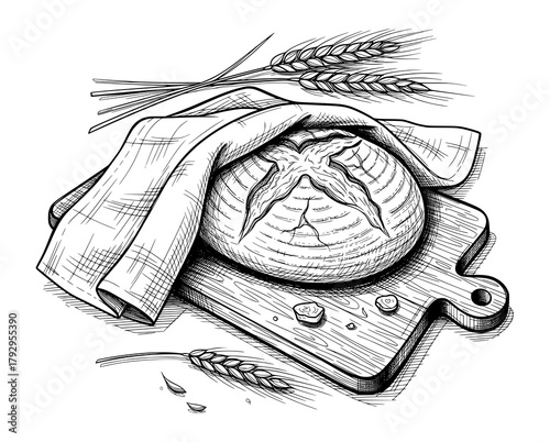 Artisan Bread on Cutting Board in Vintage Engraving Style. Vector Illustration for Rustic Comfort Concept.