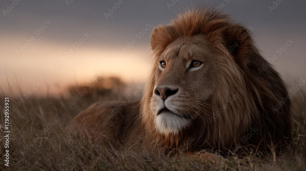 Obraz premium Majestic lion resting on savannah.