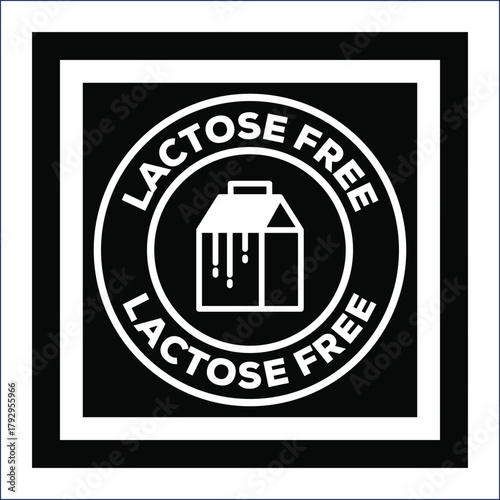 Lactose free product label with milk carton icon on a black square badge