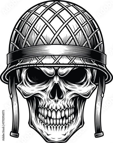 Intricate Vector Engraving of Skull in Military Helmet, Soldier, Death, War, and Army Mascot Illustration