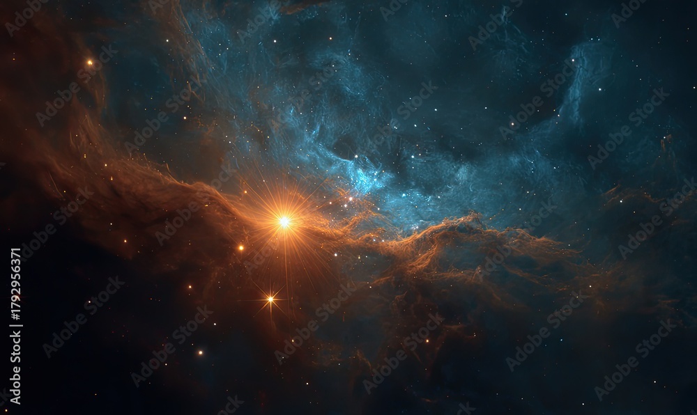 Fototapeta premium Bright nebula with orange and teal clouds, stars scattered